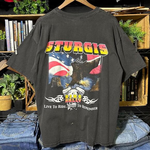 Gildan Other - Vintage Y2K Sturgis Bike Rally Tee Mens XL Faded Black Shirt Bald Eagle Flames